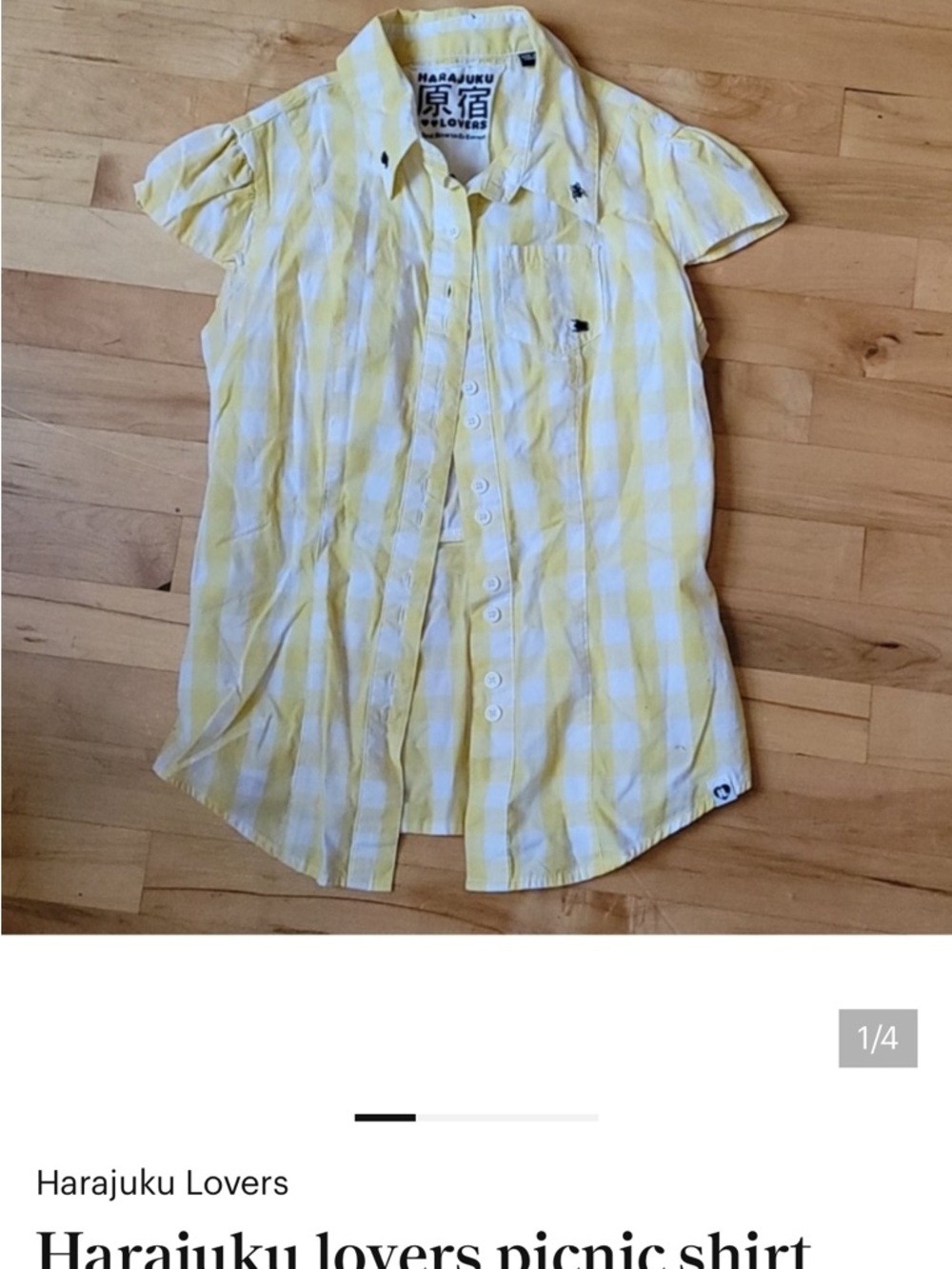 Harajuku Lovers Yellow and White Check Short-Sleeve Button-Up Shirt